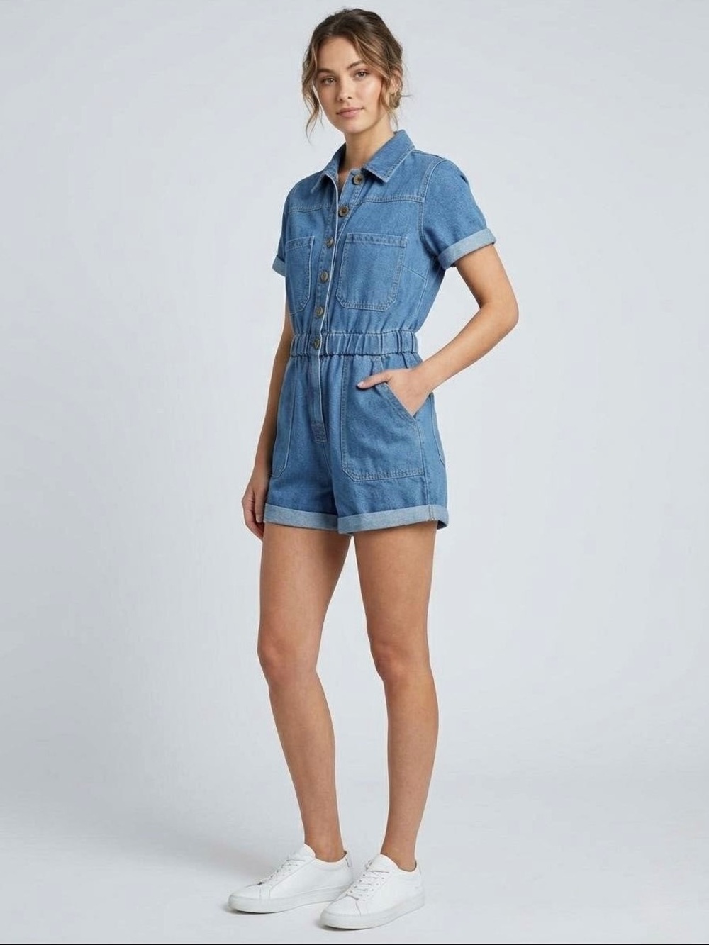 VIGOSS Denim Button Front Utility Romper Medium Wash